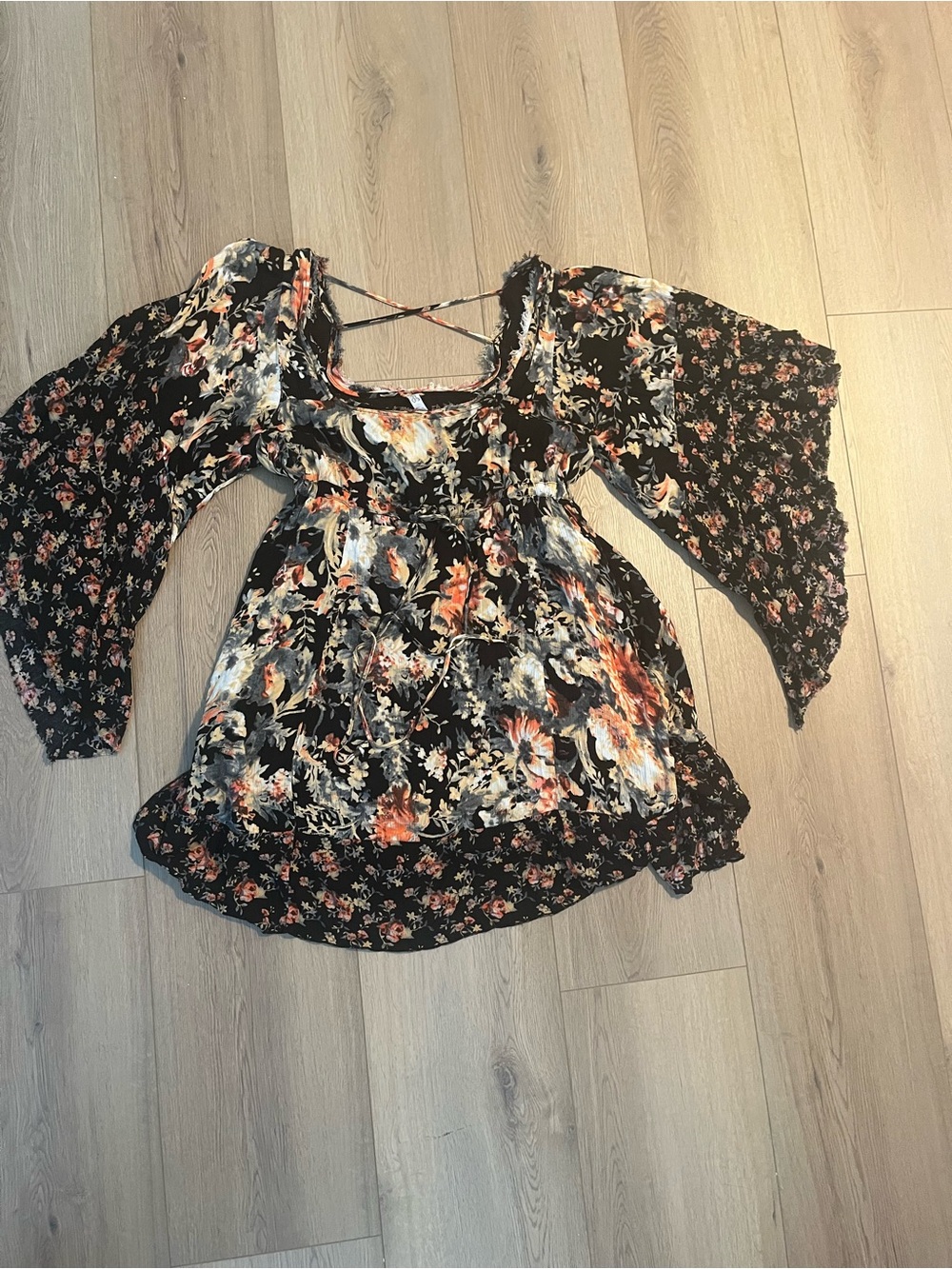 Free People Black Floral Boho Peasant dress with Orange & Cream Accents